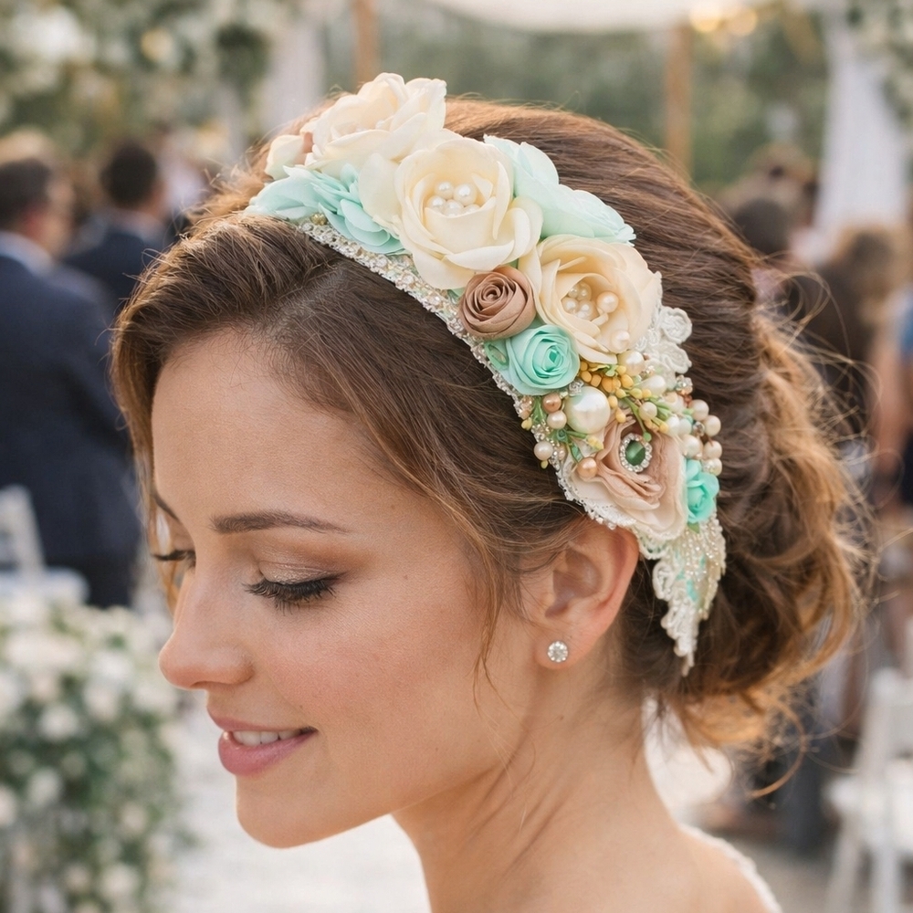 Handmade Floral Bridal Headband - Lace & Pearl Wedding Hairpiece.